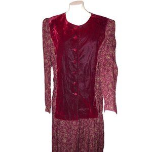 Women's Burgundy Velvet & Floral Print Dress